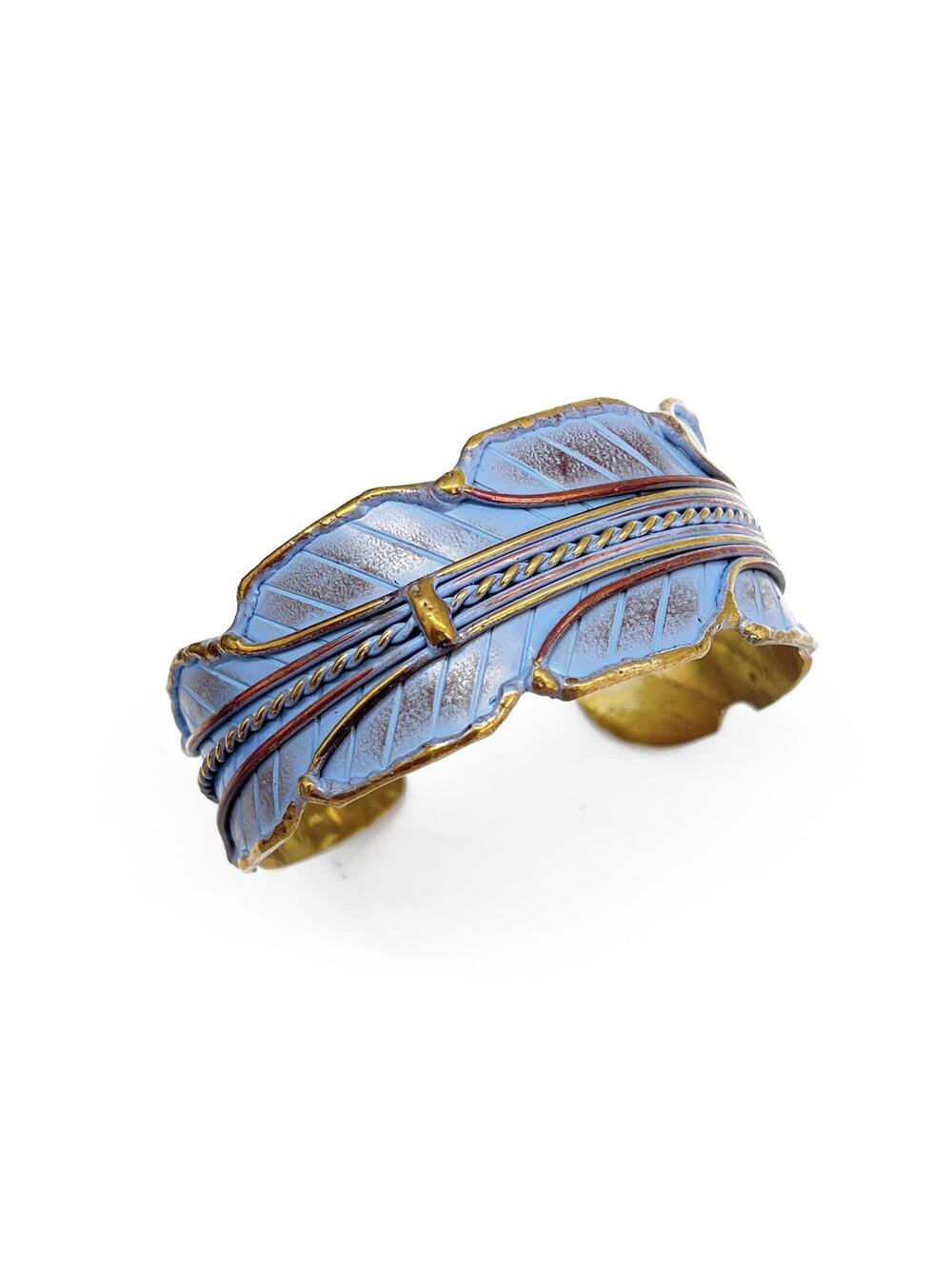 Brass Patina Cuff Bracelet - Blue Leaf